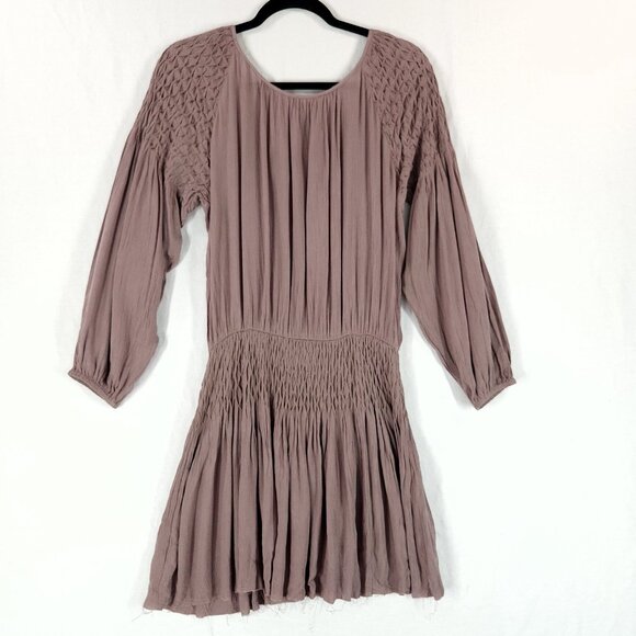 Free People Blouson Mini Dress Size XS Boho Tunic Balloon Sleeve Raw Hem Crinkle - Picture 2 of 13
